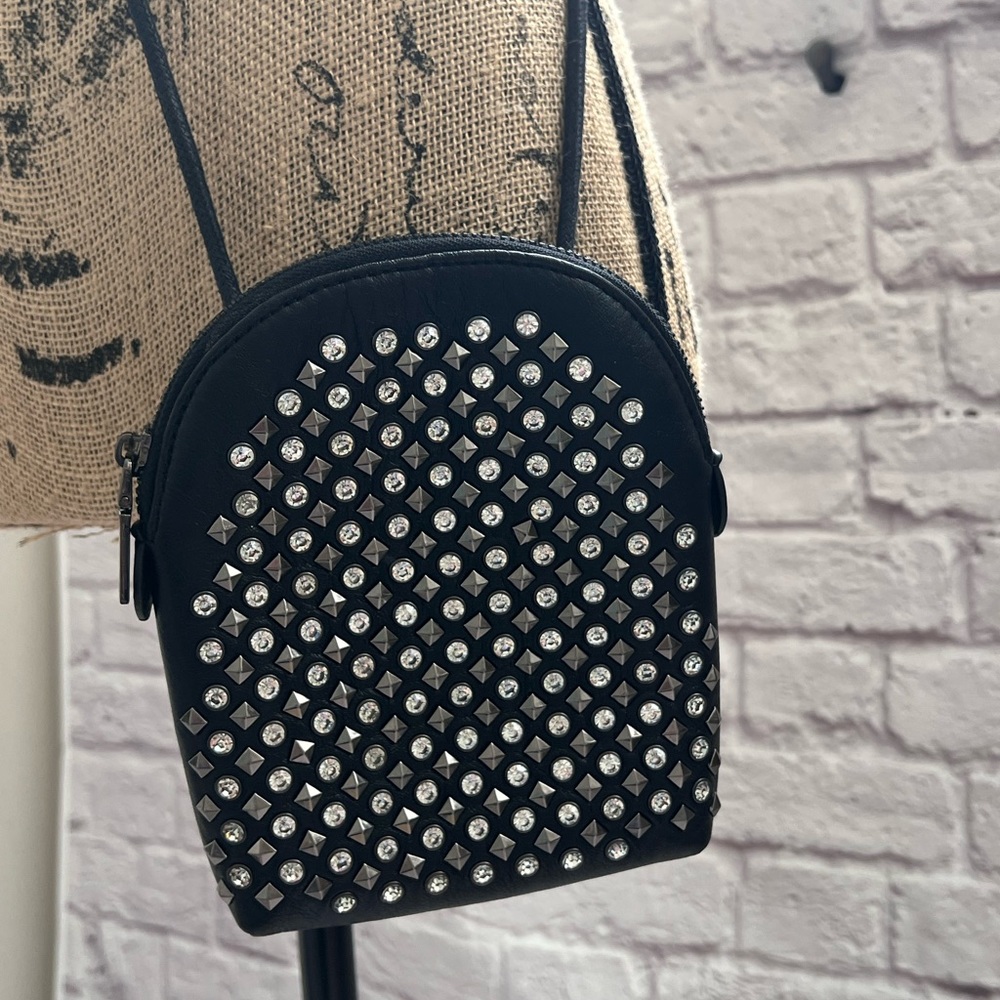 Black leather studded and jeweled cross body purse